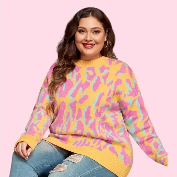 Bibi Orange and Pink Crew Neck Sweater with leopard Playful Pattern Size L - Picture 10 of 11